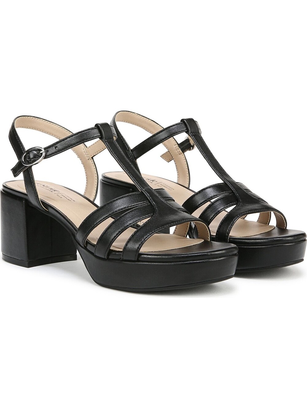 Life Stride Black T-Strap Block Heel Sandals